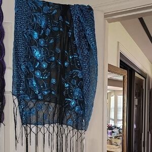 Blue and Black Floral Shawl with Fringe
